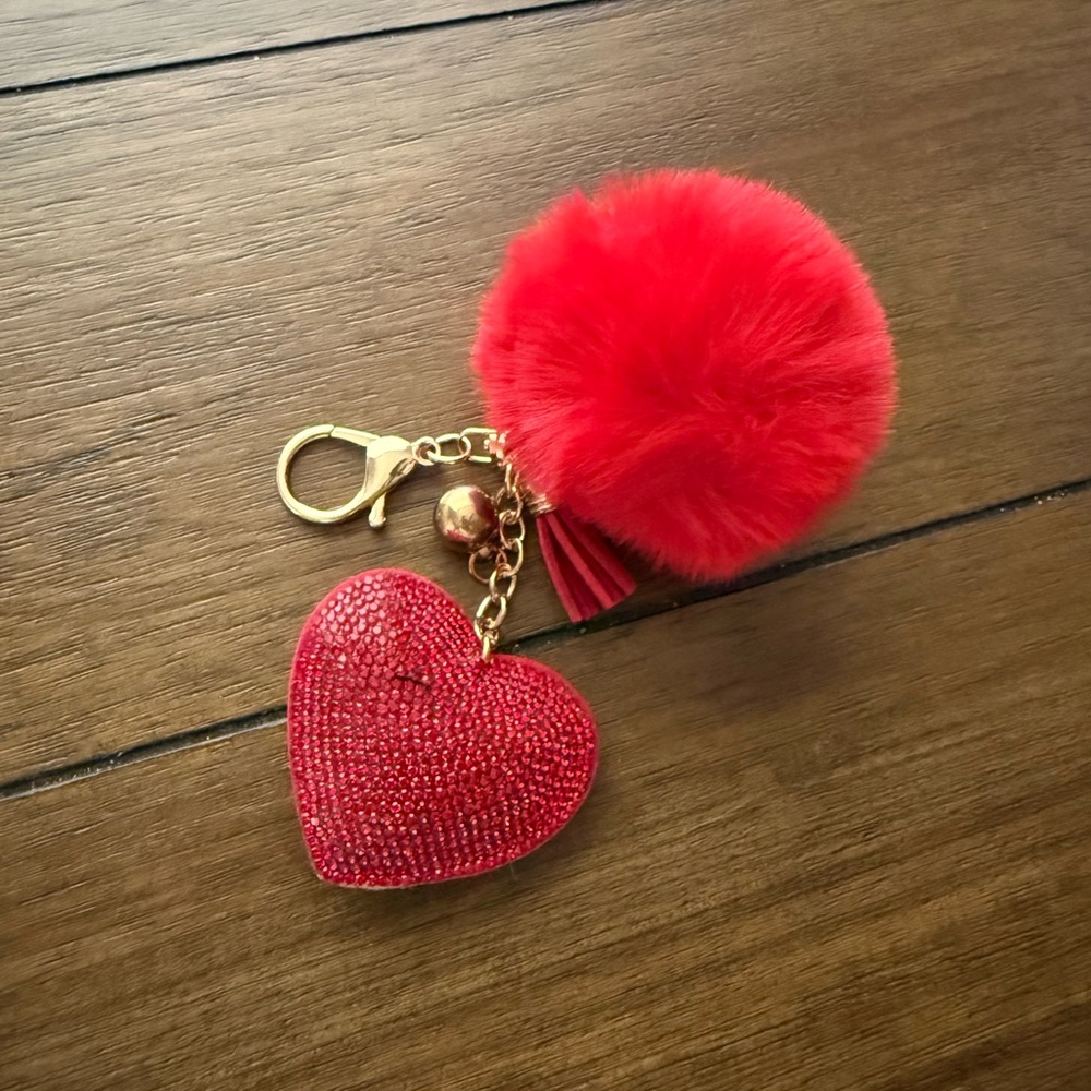 Red Heart Keychain with Pom Pom